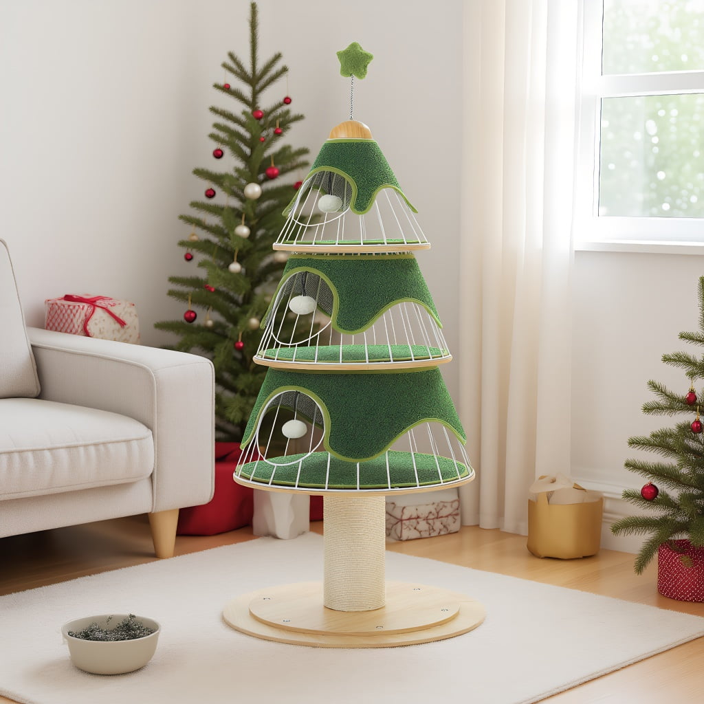 Pefilos 51" Modern Wood Cat Tree Tower, Cat Christmas Tree w/Thick Scratch Post(φ5.4in), 3 Condos-Heavy Duty Furniture w/Metal Frame & Replaceable Mat, Green