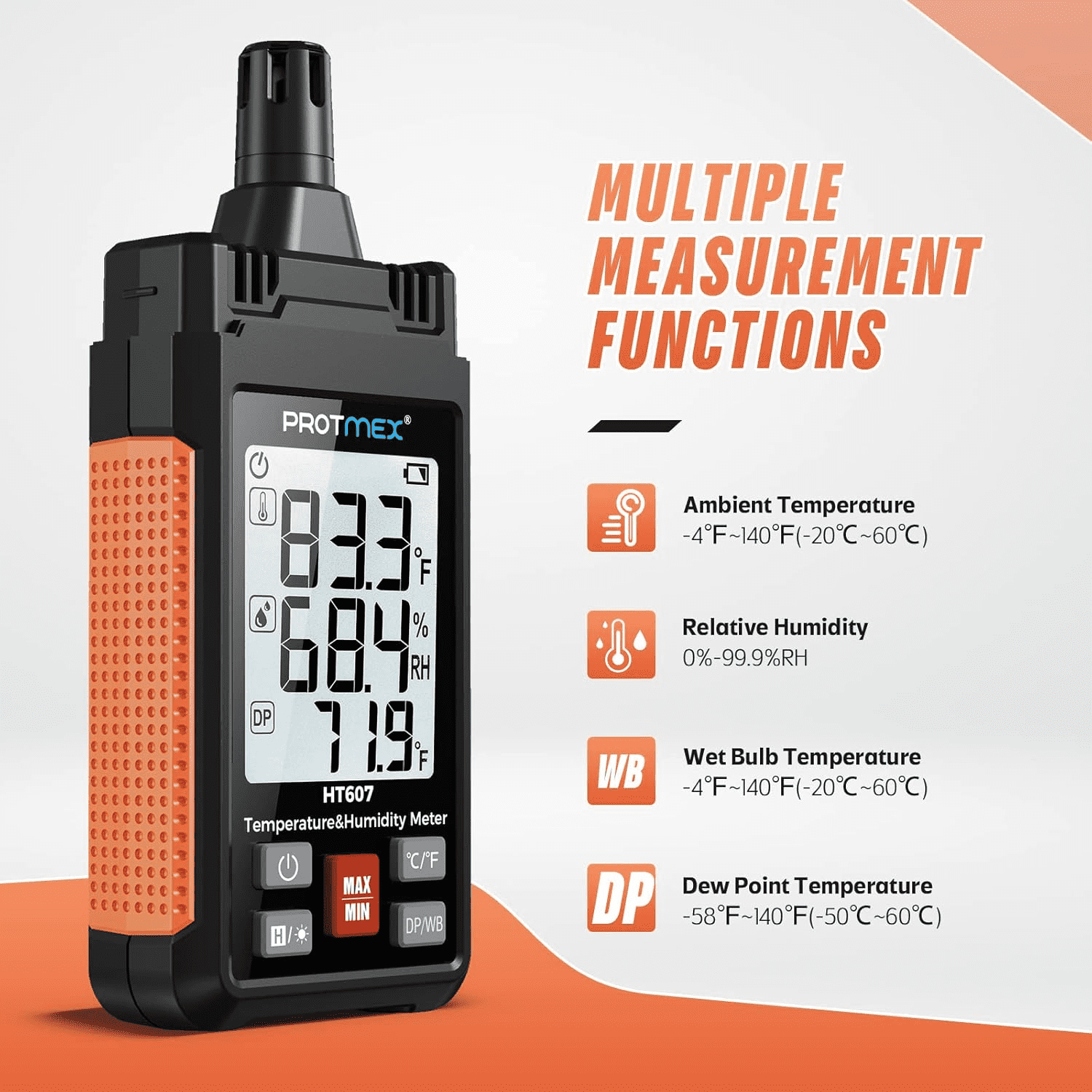 HT607 Temperature Humidity Meter High Precision Digital Hygrometer with Ambient, Relative Humidity, Dew Point, Wet Bulb Thermometer, Min/Max Hold, LCD Backlight with Cover Protector