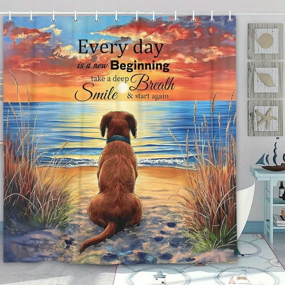 Funny Dog Bible Verse Beach Shower Curtain, Hilarious Dog on Sunset Sunrise Seascape Shower Curtain Set, Ocean Nautical Coastal Sea Bath Accessories Inspirational Art with 12PCS Hooks, 66x72IN