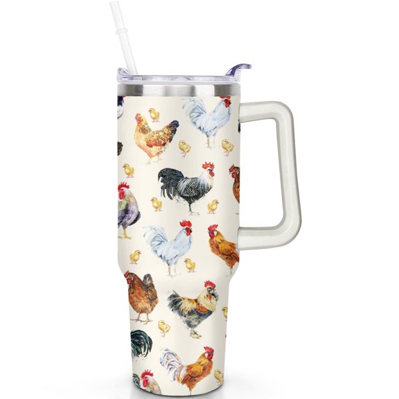 Double Insulated 40oz Chicken Tumbler with Handle, Spill Proof Lid and Straw – Must Have Travel Cup for Men Women