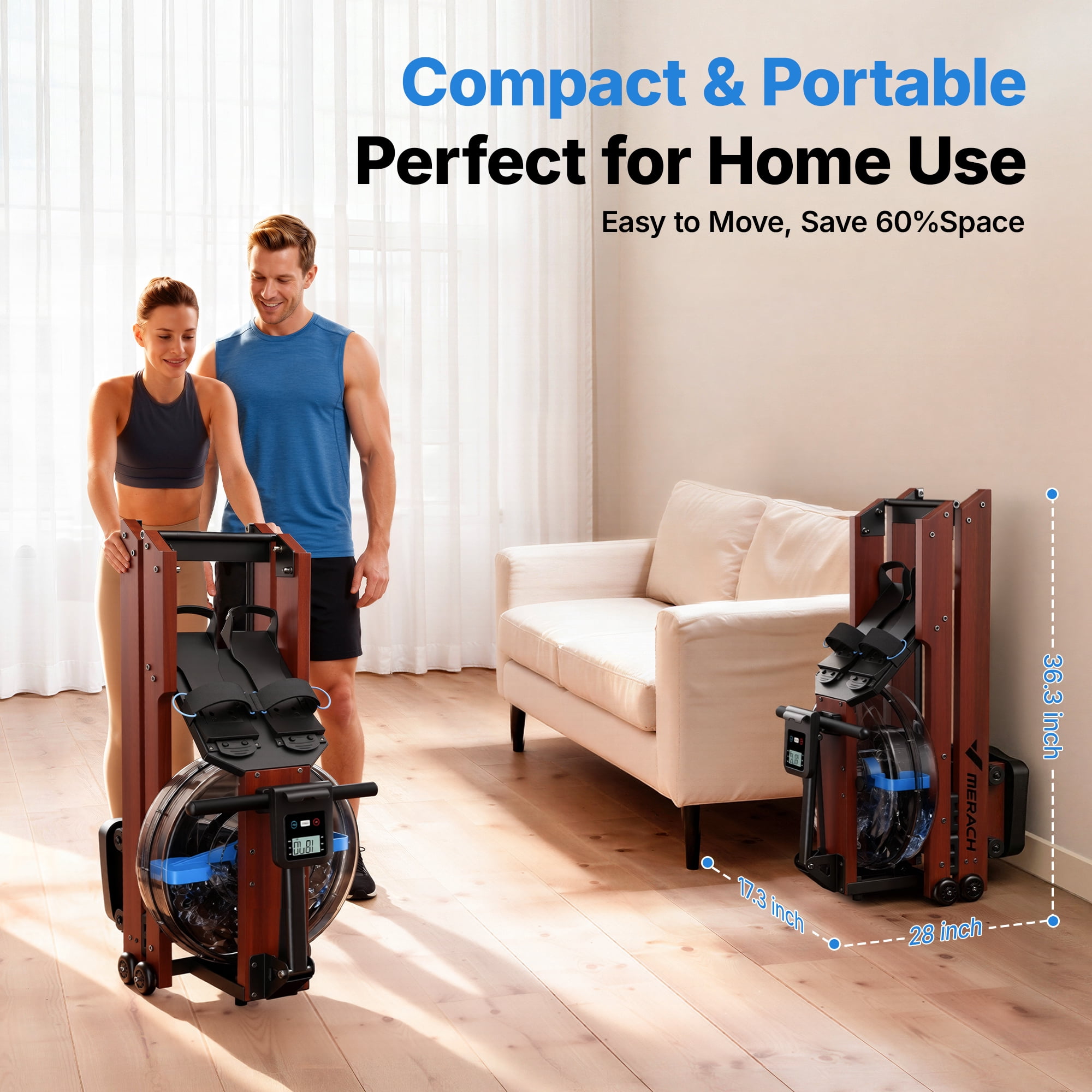 MERACH Water Rowing Machines for Home, Foldable Row Machine with 400LBS Weight Capacity, Dedicated Monitor and Comfortable Seat, Free MERACH App for Immersive Water Rower