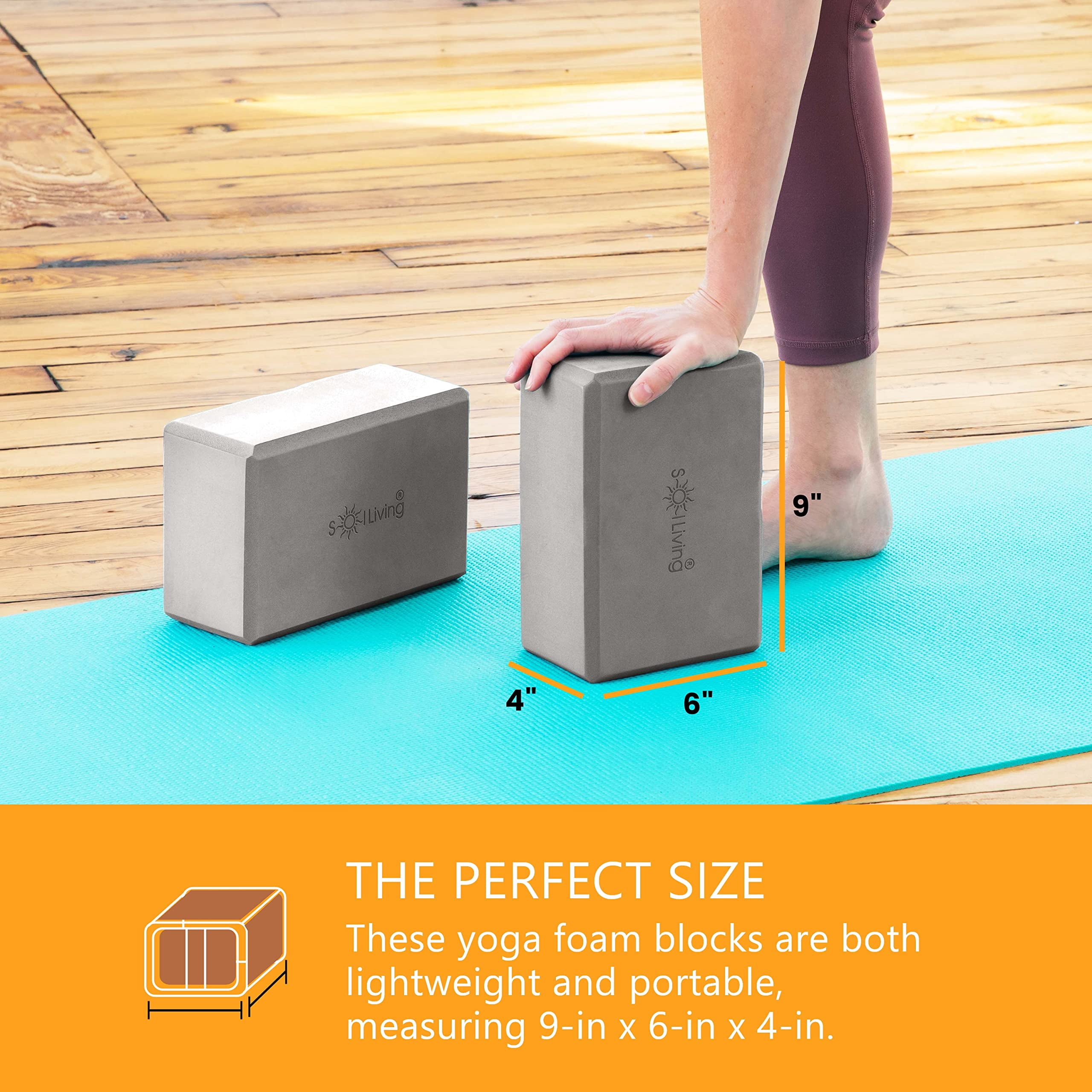 Sol Living Yoga Blocks 2 Pack High Density EVA Foam Yoga Cushion Stretching Pilates Meditation Exercise Equipment Support Deepen Poses Odor Free Non Slip Yoga Accessories - 4" x 6" x 9"- Grey