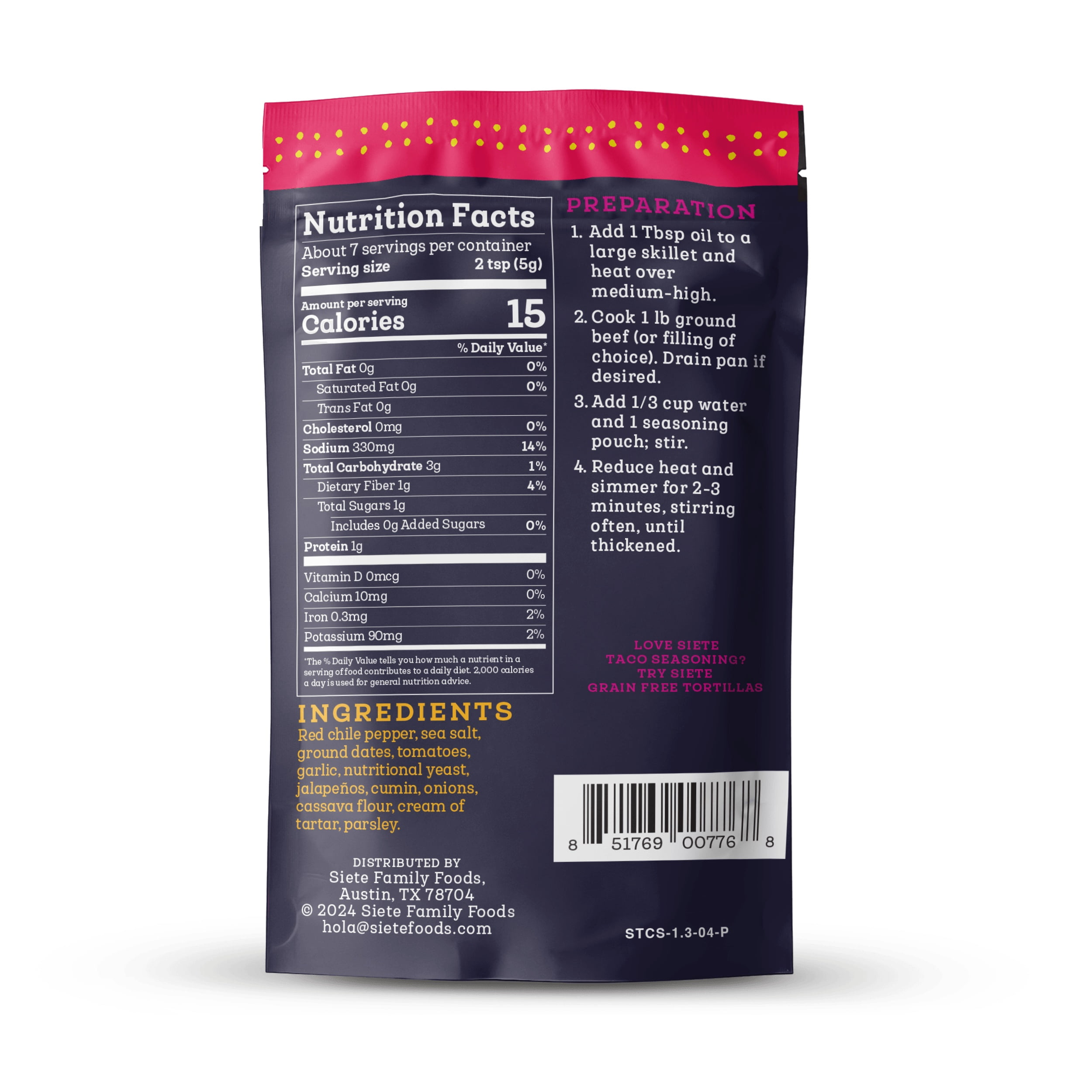 (2 pack) Siete Family Foods, Spicy Taco Seasoning Spice Mix, 1.31 oz. Packet