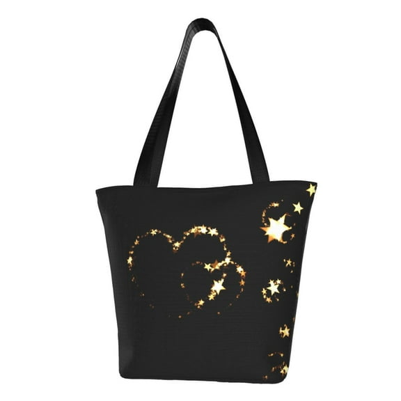 TEQUAN Reusable Shoulder Tote Bags, Happiness Heart Love Stars Prints Polyester Casual Shopping Grocery Bag for Women