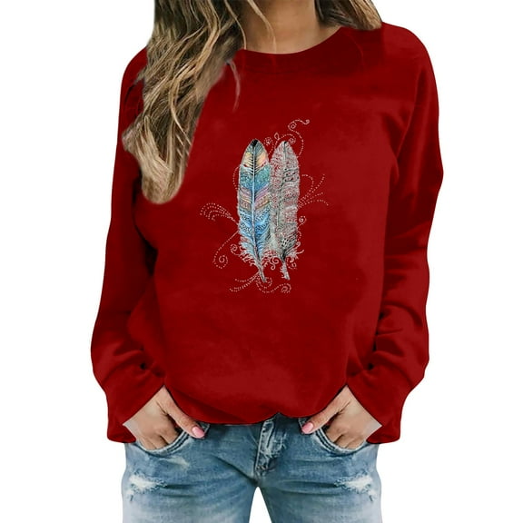 Fimkaul Women's Sweatshirt Hoodies Winter Fall Plus Size Long Sleeve Casual Tops Feather Print Fashion Top Sweatshirts