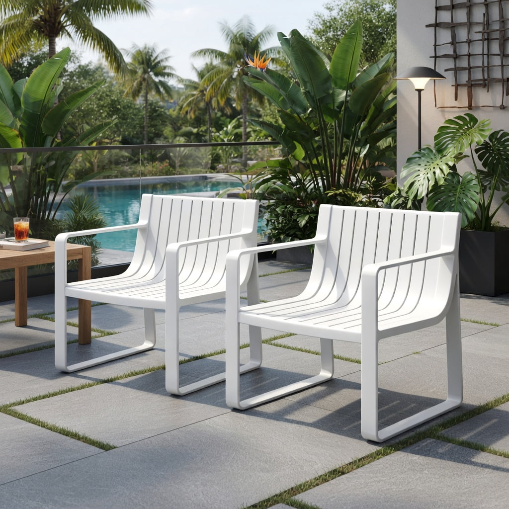 Hommoo 2-Piece Outdoor Patio Chair Set, Ergonomic Curved Back & Seat, Weather-Resistant PP Chairs for Deck, Poolside & Backyard, White