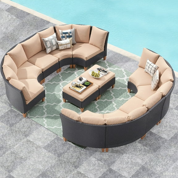 MAYEERTY 12-Piece Outdoor Patio Curved Rattan Sofa Set with Fan-shaped Sofas and Ottomans