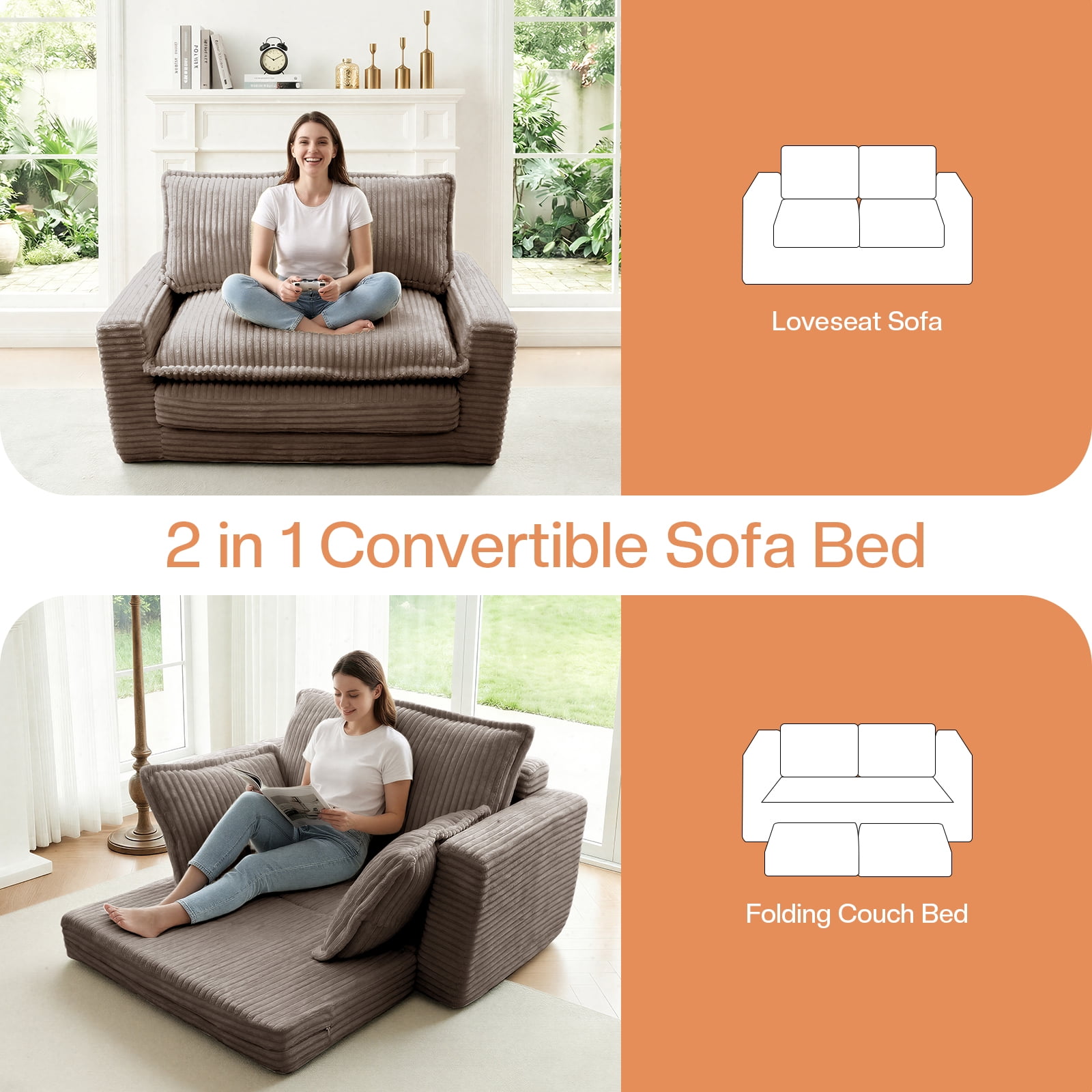 Kelyda Convertible Sofa Bed, 2 in 1 Modern Cloud Boneless Sofa Bed Loveseat Couch Sleeper Chairs for Living Room Light Coffee