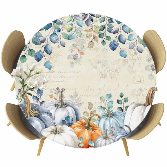 Thanksgiving Pumpkin Round Tablecloth, Fitted Table Cover with Elastic for 36"-44" Round Tables, Fall Eucalyptus Leaves Retro Beige Table Cloth Outdoor Indoor Dinning Party Waterproof Tablecloths