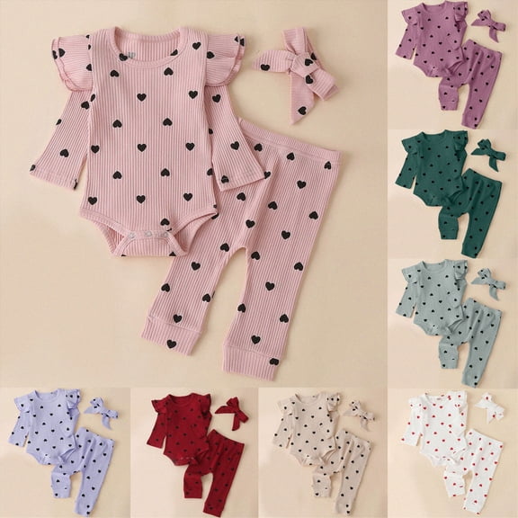 0-3 Months Newborn Toddler Girl Newborn Outfits Romper Pants Cute Bow Headband Hat Sets For Baby Girls Tracksuit Sweatsuits Set Girls Purple Tracksuit