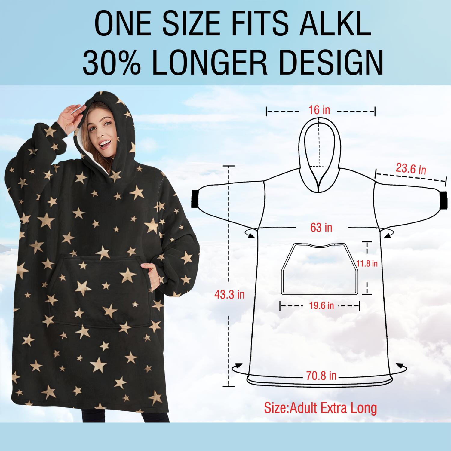 Oversized Wearable Blanket Hoodie,Black Star Pattern Sherpa Blanket Hoodie with Super Pockets,Super Warm Fuzzy Pullover for Women & Men