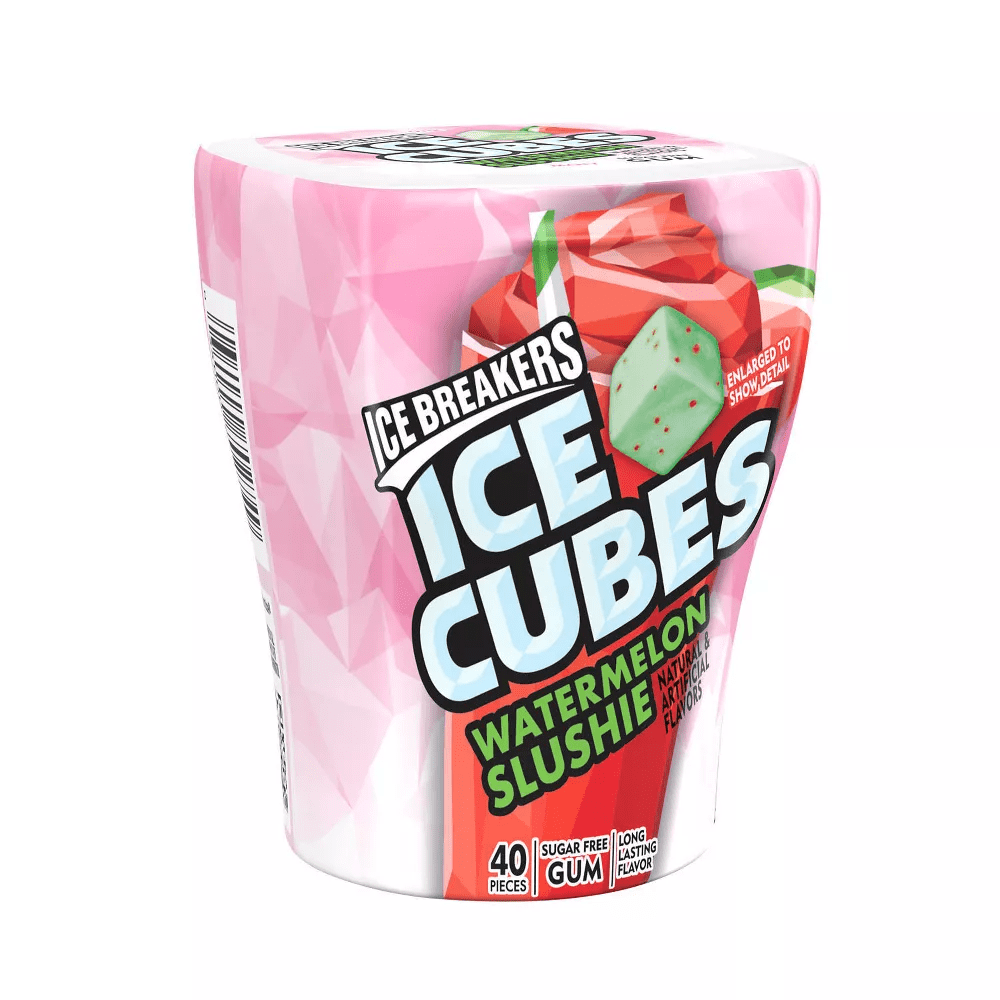 ICE BREAKERS ICE CUBES Watermelon Slushie Flavored, Made with Xylitol Sugar Free Chewing Gum Bottles, 3.24 oz (6 Count, 40 Pieces)