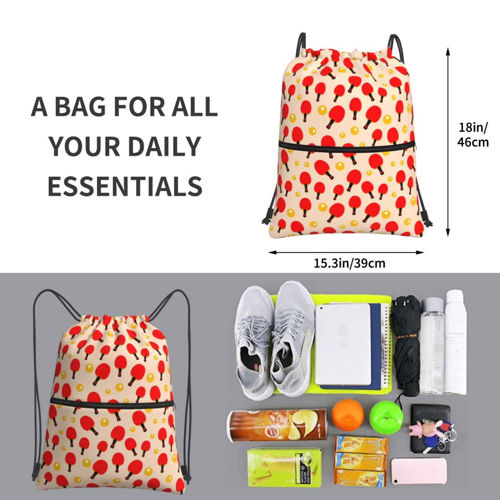 Vsdgher Table Tennis Rackets 1 Drawstring Backpack Water Resistant String Bag Sports Sackpack Gym Sack for Men Women