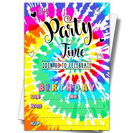 Vibrant Tie Dye Birthday Bash Invitations - 20 Colorful Invite Cards with Envelopes, Perfect for Celebrating in Style, 4"x6" Fun Party Time Invites