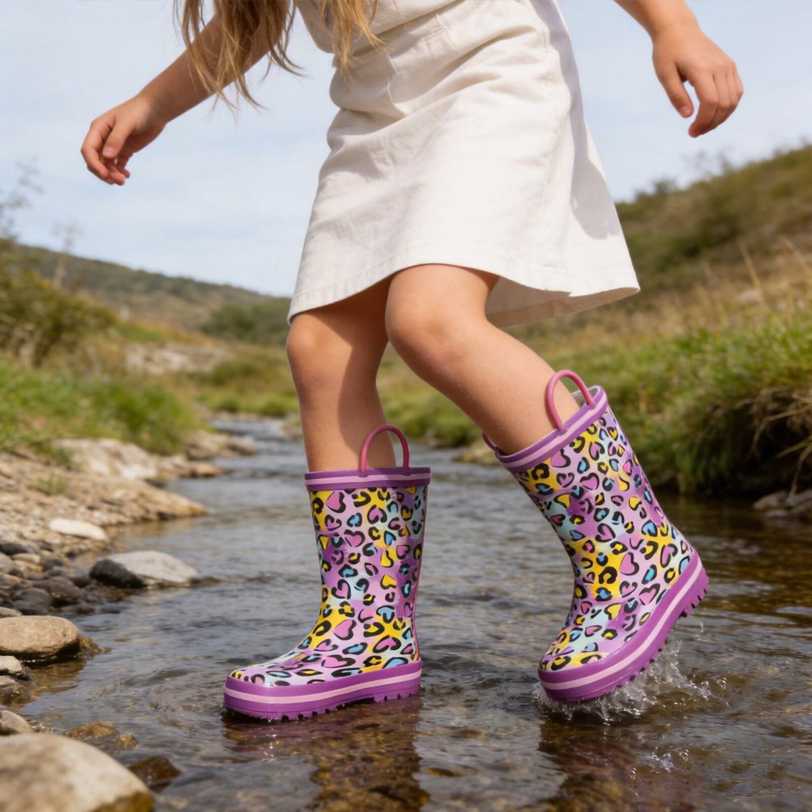 EUXTERPA Toddler Rain Boots for Girls Waterproof Kids Heart Rubber Boots with Easy On Handles Toddler Size 5