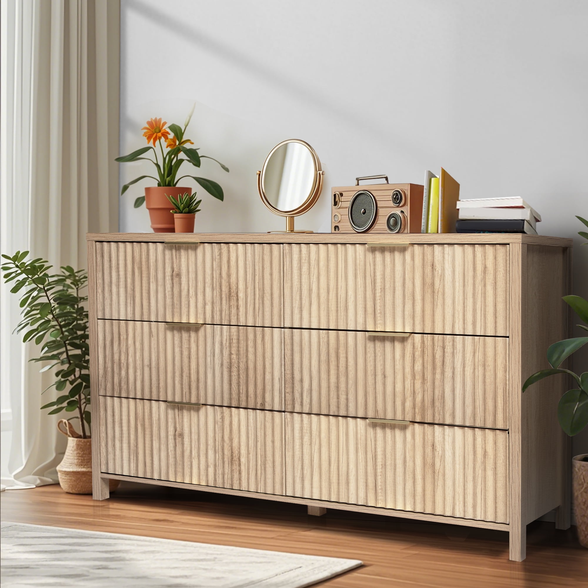 Haverchair 6 Drawer Dresser with Fluted Panel, Wide Chest of Drawers, Curved Wooden Dresser for Closet with Metal Wide Handle, Storage Dresser Organizer for Bedroom, Living Room, Hallway, Natural