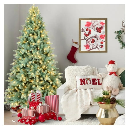 5FT Blue-Green Tint PE/PVC Christmas Tree with 250 Warm White LED Lights – 854 Tips Hinged Branch Design Full Natural Look Metal Stand Easy Assembly Holiday Decoration