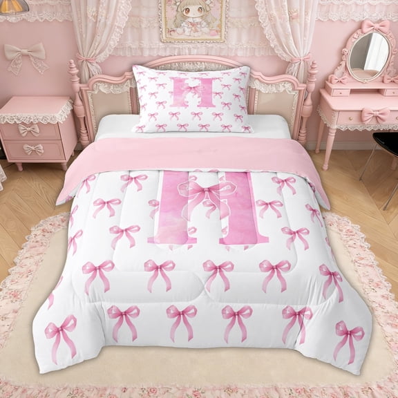 Erosebridal Bow Letter H Twin Comforter Sets for Girls, Pink Watercolor Ribbon Bedding Set, Pink Reversible, 2pcs