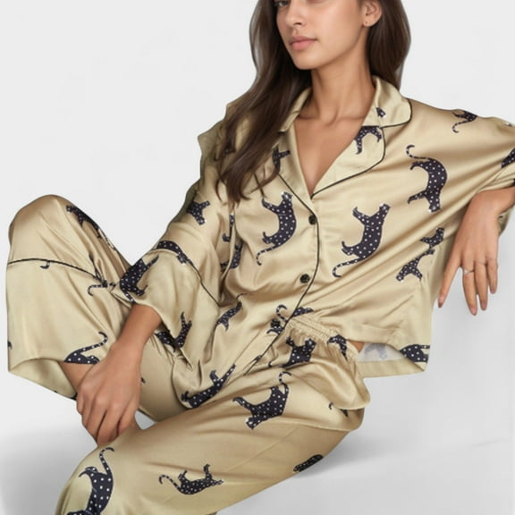 Women's Cat Print Satin Pajama Set Long Sleeve Button-Up Top with Elastic Waist Full-Length Pants - Medium, Green
