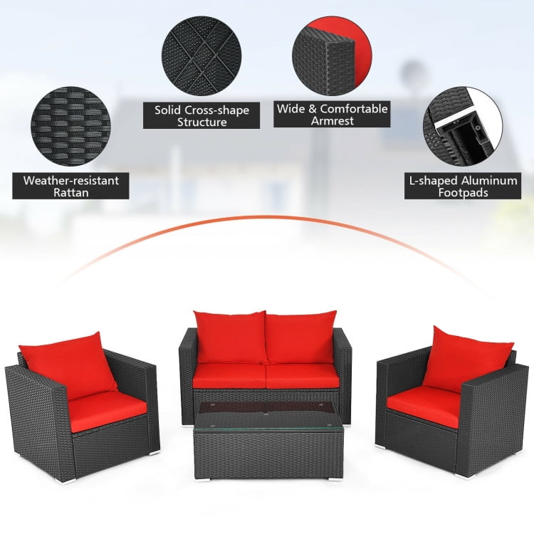 Aimee Lii 4 Pieces Patio Rattan Conversation Set, Small Patio Set with Padded Cushion and Tempered Glass Coffee Table, Red Aimee Lii 4 Pieces Patio Rattan Conversation Set, Small Patio Set with Padded Cushion and Tempered Glass Coffee Table, Red