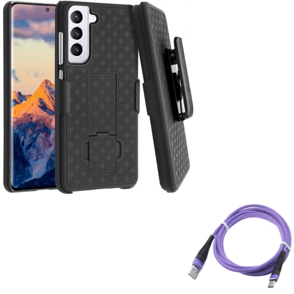 6ft USB-C Cable w Case Belt Clip for Samsung Galaxy S21 FE 5G - Purple Type-C Charger Cord, Holster Swivel Cover