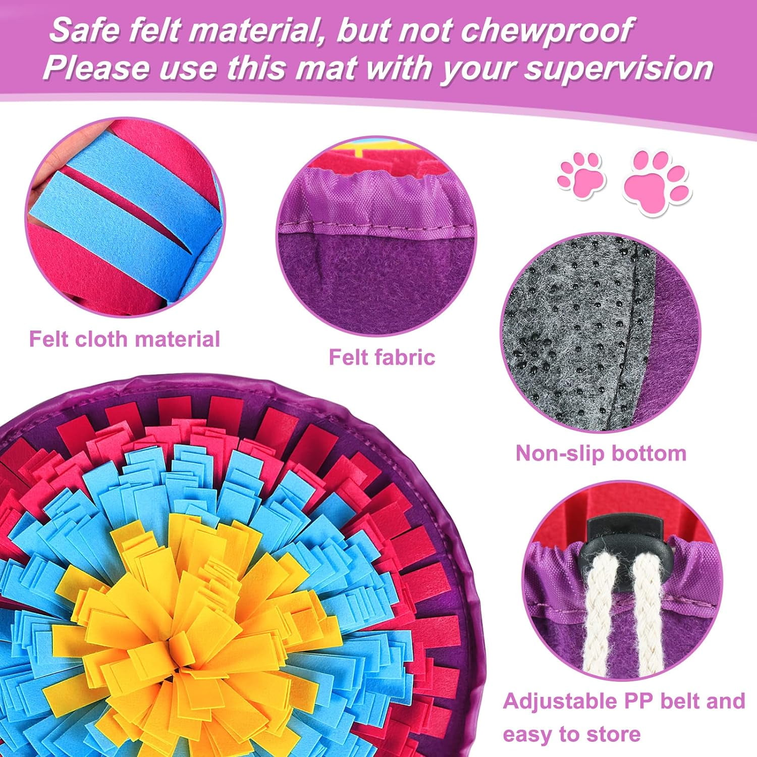 Snuffle Mat for Dogs, Adjustable Dog Puzzle Toys Sniff Mat for All Breeds Dogs, Interactive Enrichment Toys for Slow Eating and Mental Stimulation (Yellow Blue Purple)