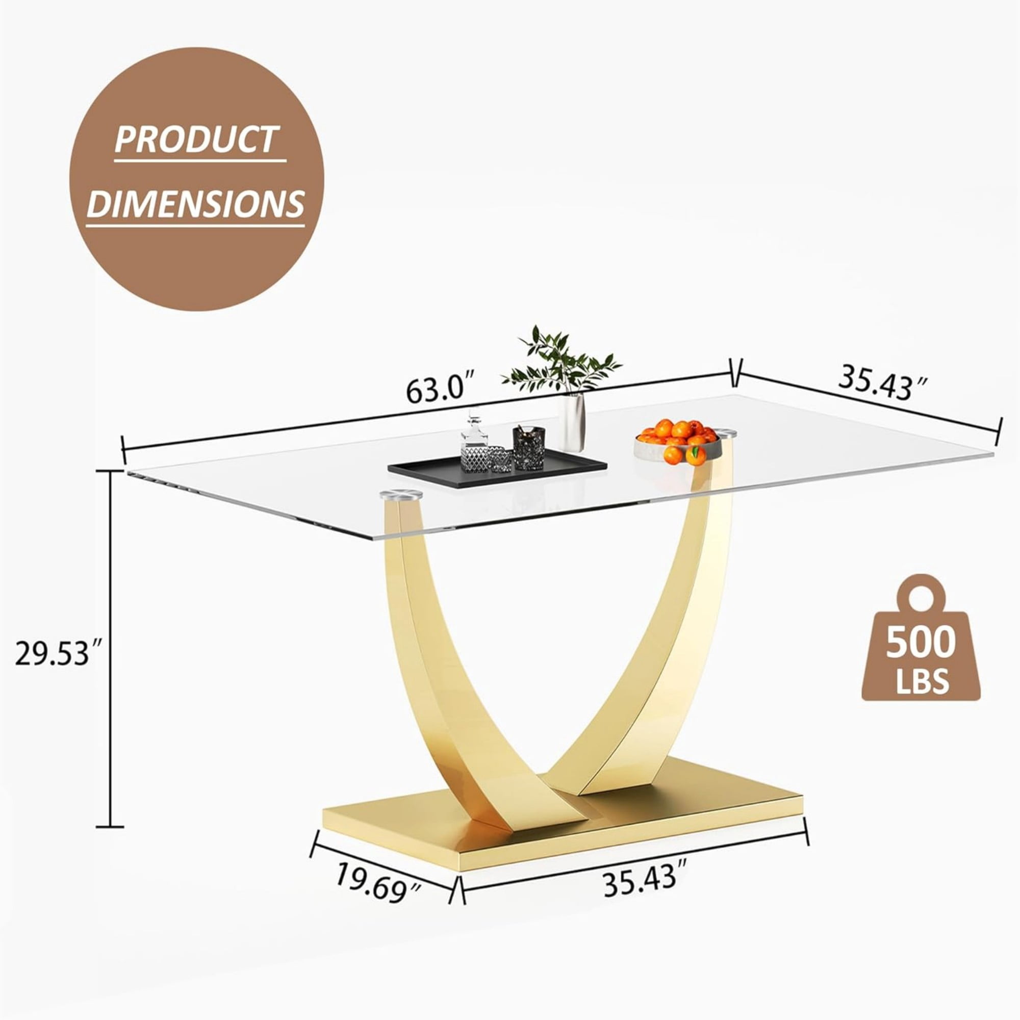 SUDICA 63 in Glass Dining Table, Rectangular Clear Tempered Top with Gold U-Shaped Base for Home Dining Room Office