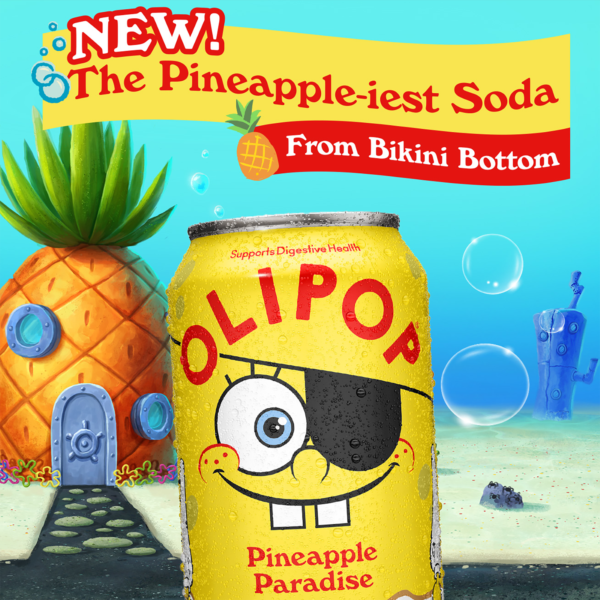 OLIPOP Prebiotic Soda, SpongeBob Pineapple Paradise, 12 fl oz, 4 pack, Pantry Pack