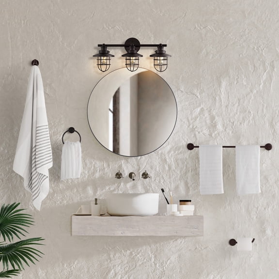 JONATHAN Y Ellis 24" 3-Light Industrial Farmhouse Vanity Light with Bathroom Hardware Accessory Set, Oil Rubbed Bronze (5-Piece)