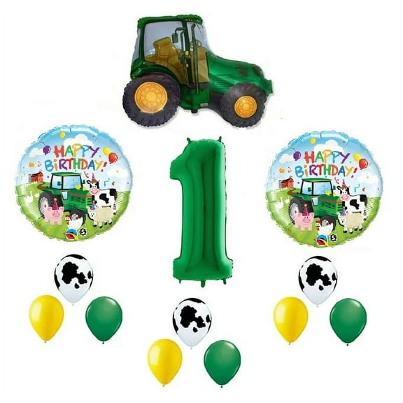 Farm Tractor 13 Piece #1 1st Green Tan Happy Birthday Balloon Bouquet Party Decoration