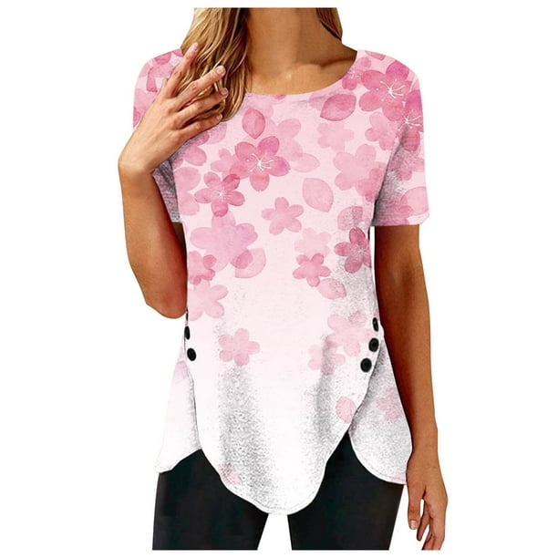 Moda Casual Sexy Impreso Posición Imprimir Irregular Dobladillo Botón Manga corta Camiseta Top Blusa Pompotops hfajkhk140342