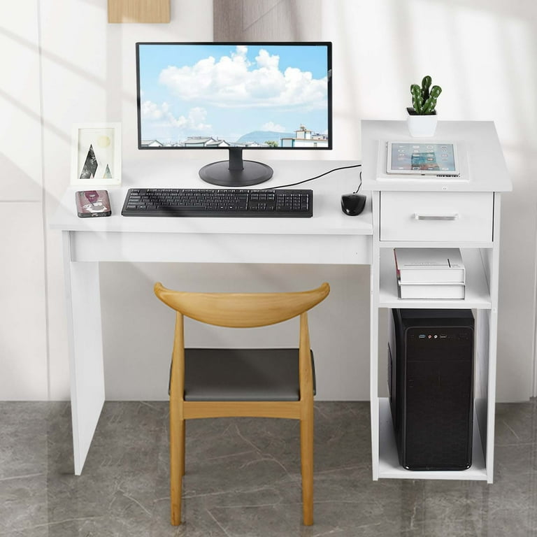 Compact white shop computer desk