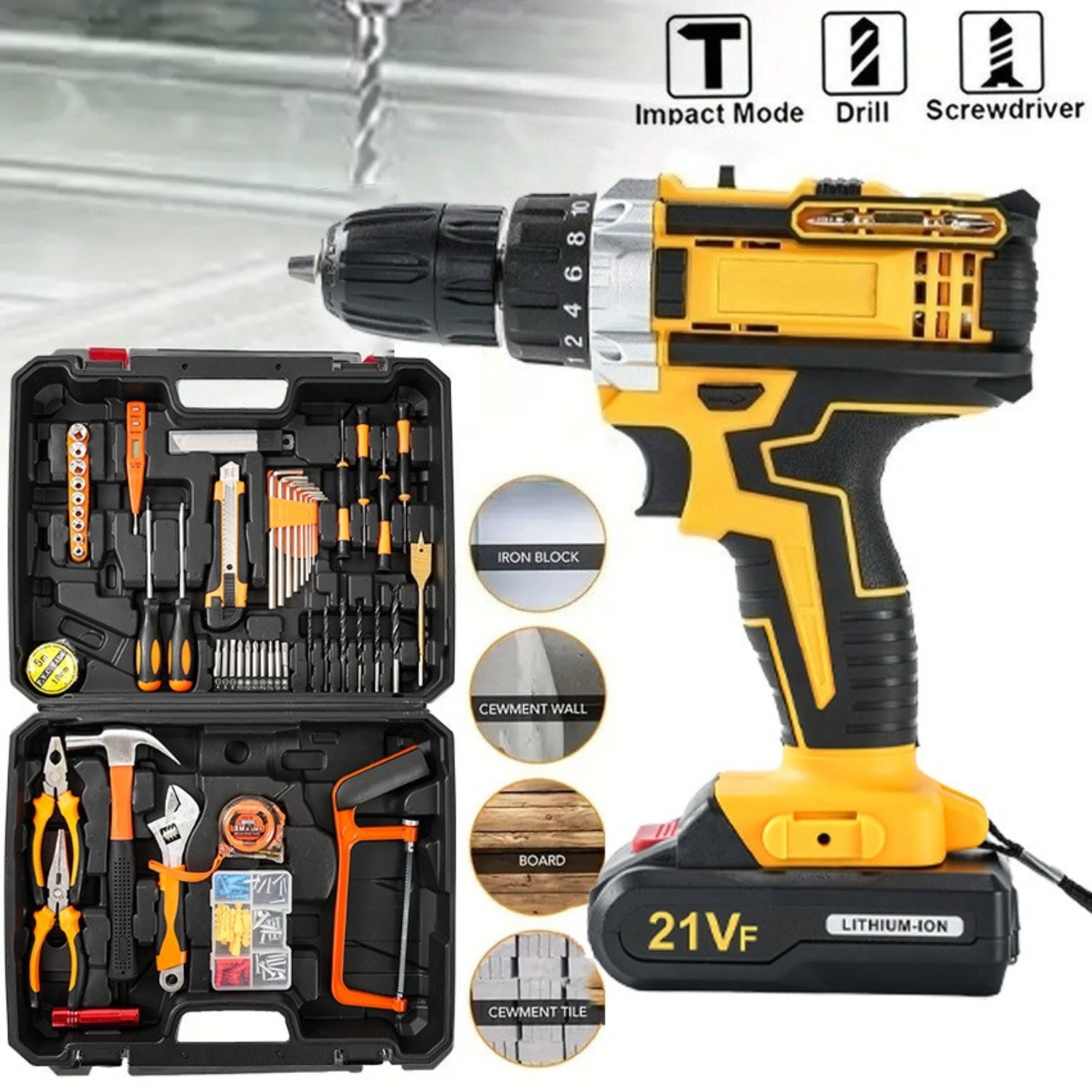 Cordless Drill&Impact Driver Combo-21V Lithium-Ion Rechargeable Multi-Function Hammer Drill with Electric Screwdriver, Pistol Grip Design for Home DIY Projects