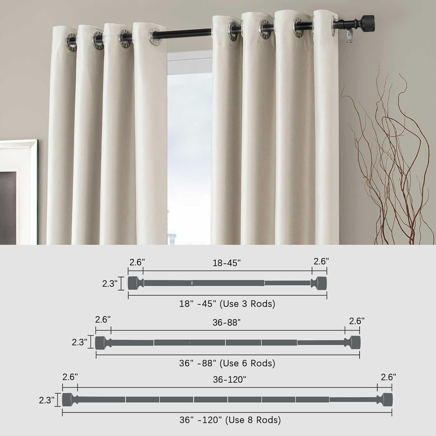 Curtain Rods for Windows 18 to 37 Inch, 1 Inch Diameter Modern Adjustable Decorative Drapery Rods, Window Curtain Rod with Dumbbell Design Finials, Black with Gold edge Finishing, Size:18"-45"