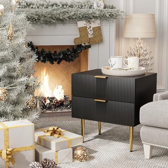 Modern Fluted Nightstand Set of 2, Black Night Stand with Golden Handles and Metal Legs, Wooden Bedside Table with 2 Drawers for Bedroom Living Room