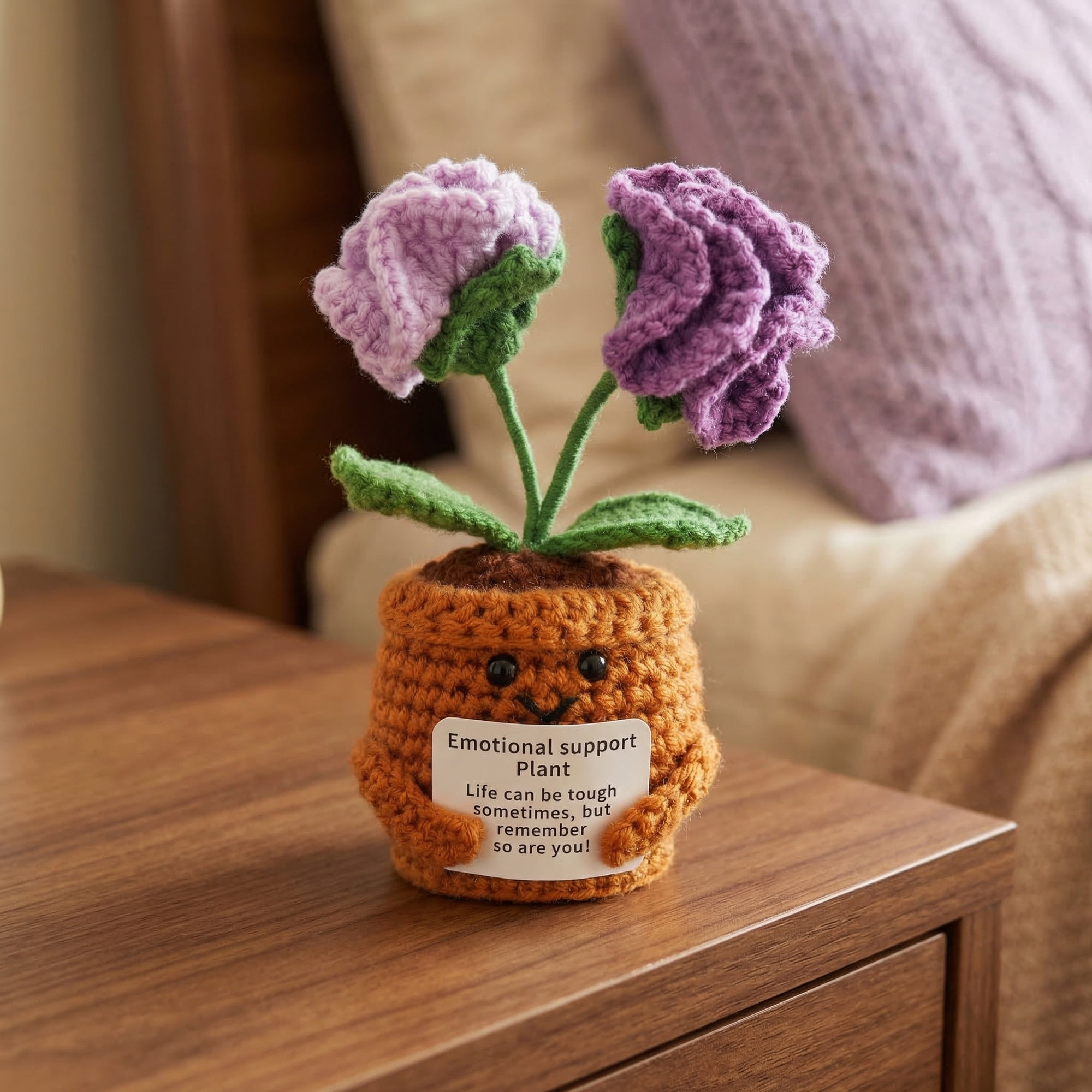 Unique Bargains 2Pcs Handmade Crochet Carnation Knitted Potted Plant Purple Yellow 4.3in