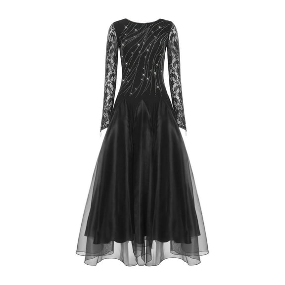 renvena Women's Glittery Rhinestone Ballroom Dance Long Sleeve Modern Waltz Maxi Dress Black XL