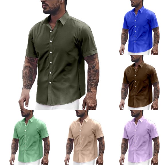 CUSTG Big & Tall Men Blouse Dress Shirts Short Sleeve Slim Fit Business Casual Shirts For Men Button Up Shirts Lapel Breathable Solid Color Summer Tops