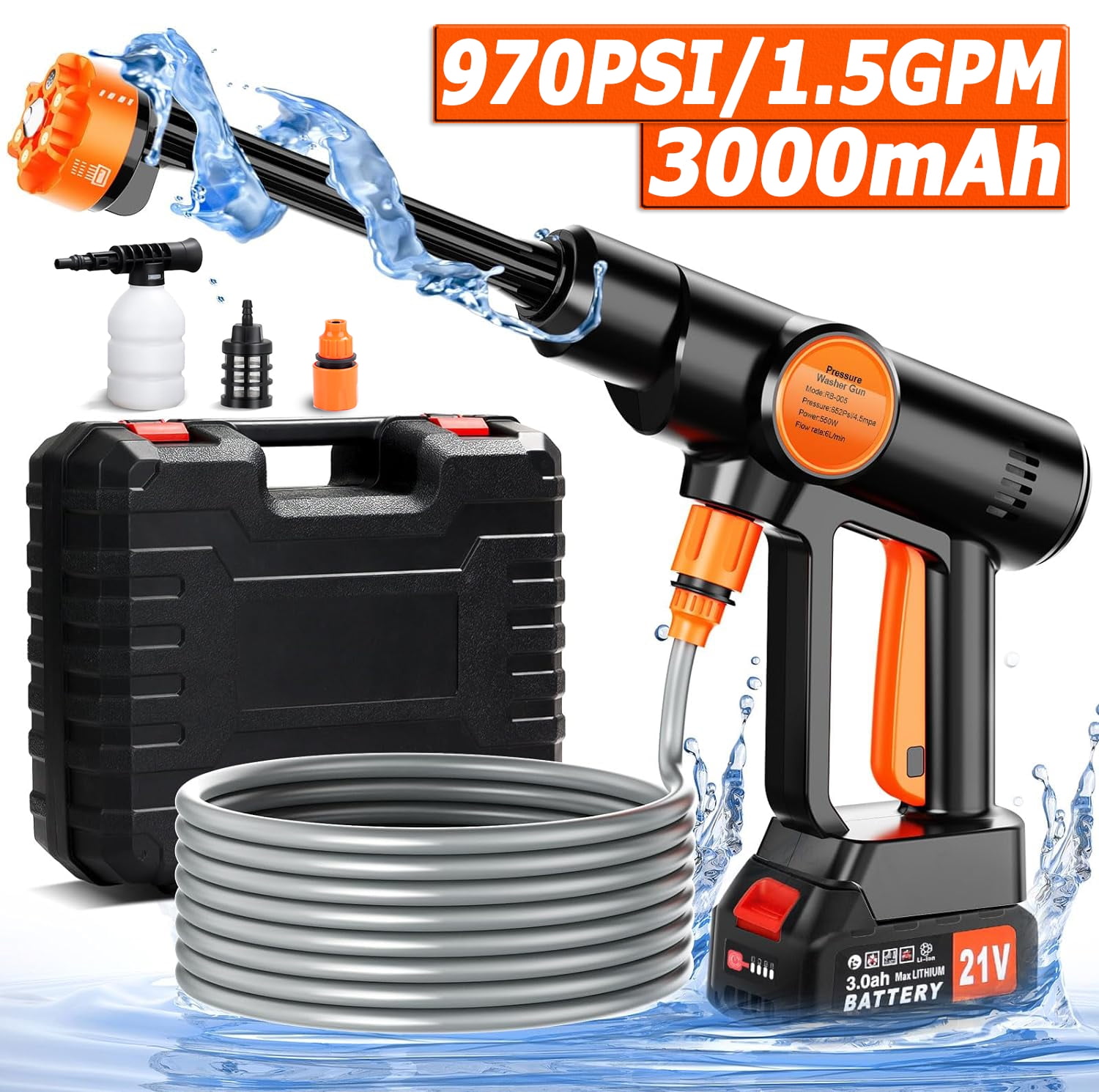 Cordless Pressure Washer, 970 PSI Portable Power Washer, with 3.0Ah Battery, 6-in-1 Nozzle, 16.5FT Hose, 550W 1.5GPM Electric Power Washer for Car/Floor/Patios