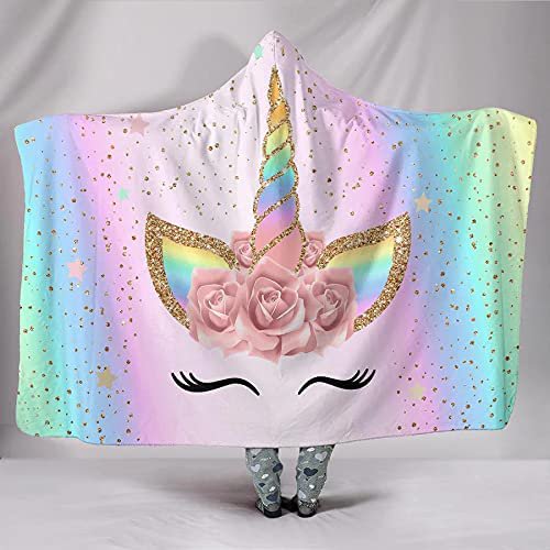 Manta de unicornio arcoíris para niñas, suave y cálida manta de lana con capucha para niños y adultos (50 x 60 pulgadas) JAMW Sencillez