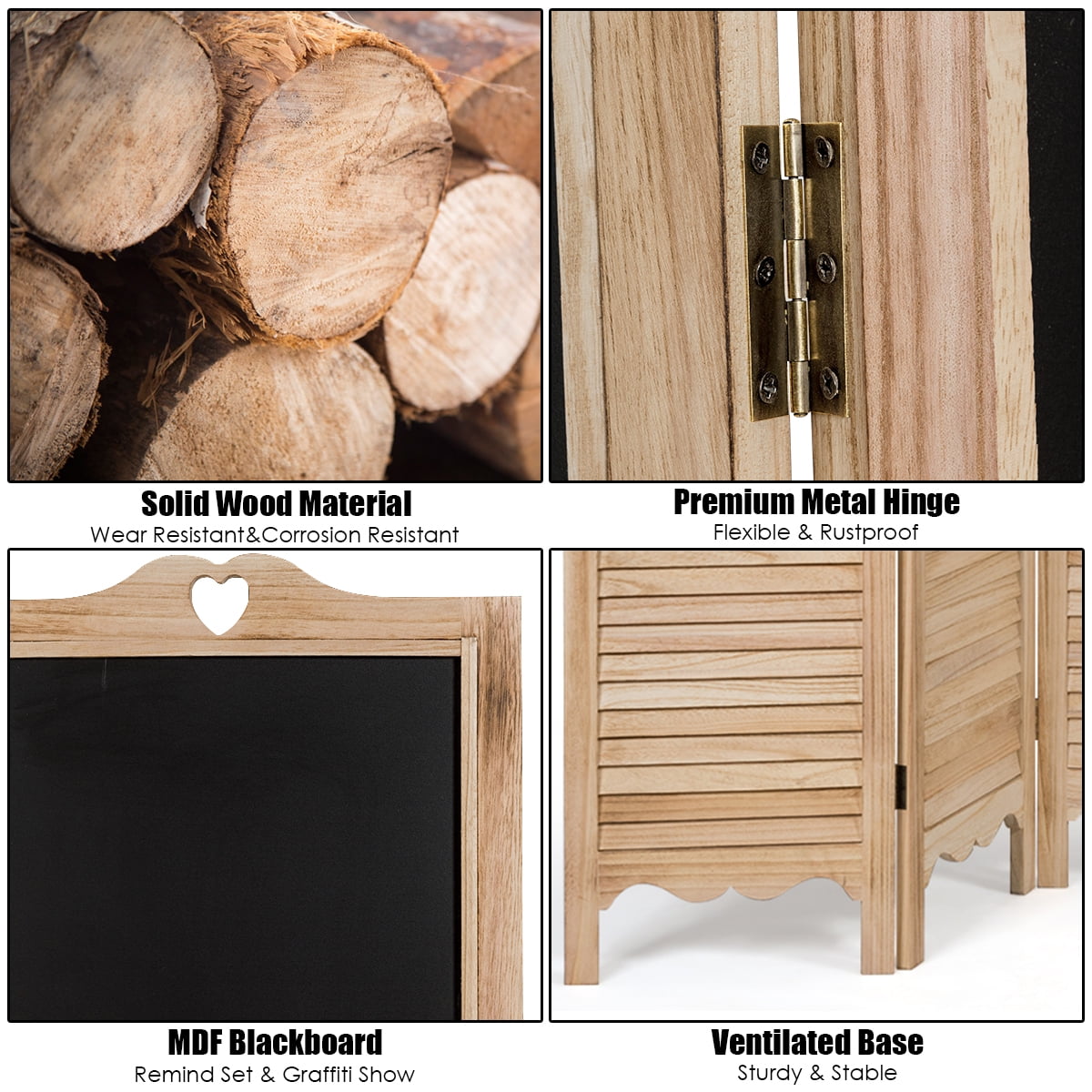 Costway 4-Panel Folding Divider Screen W/Chalkboard 5.7Ft Tall Natural
