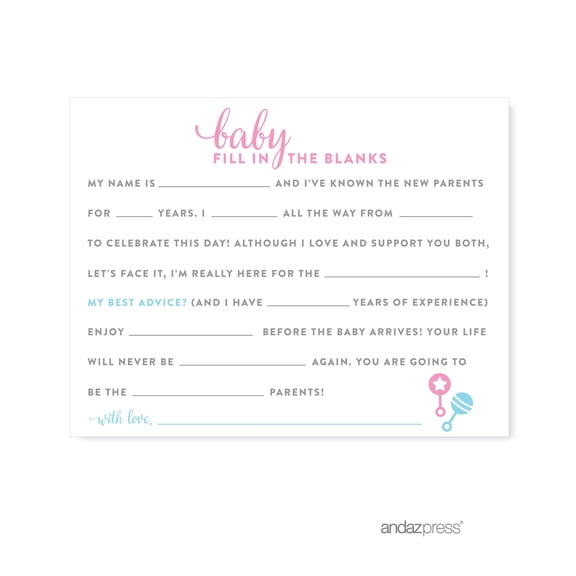 Koyal Wholesale Gender Reveal Baby Shower Games Fill-In-The-Blank Pink/Blue 20-Pack