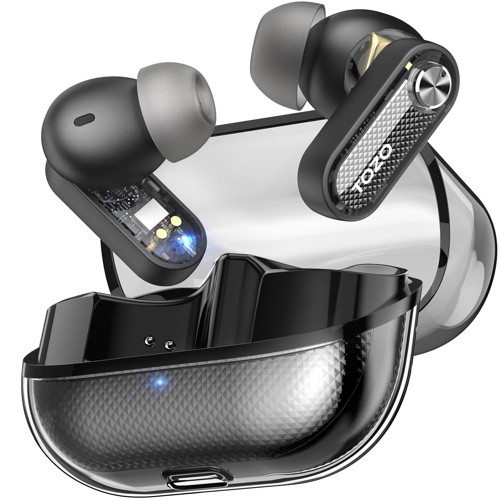 TOZO AI Translation Hybrid Active Noise Cancelling Earbuds, 100+ Languages, 70H, Smart ENC AI Calls, Stereo Bass with App-32EQ, IPX5 Waterproof Bluetooth 5.4 Headphones, Sleek Transparent Design