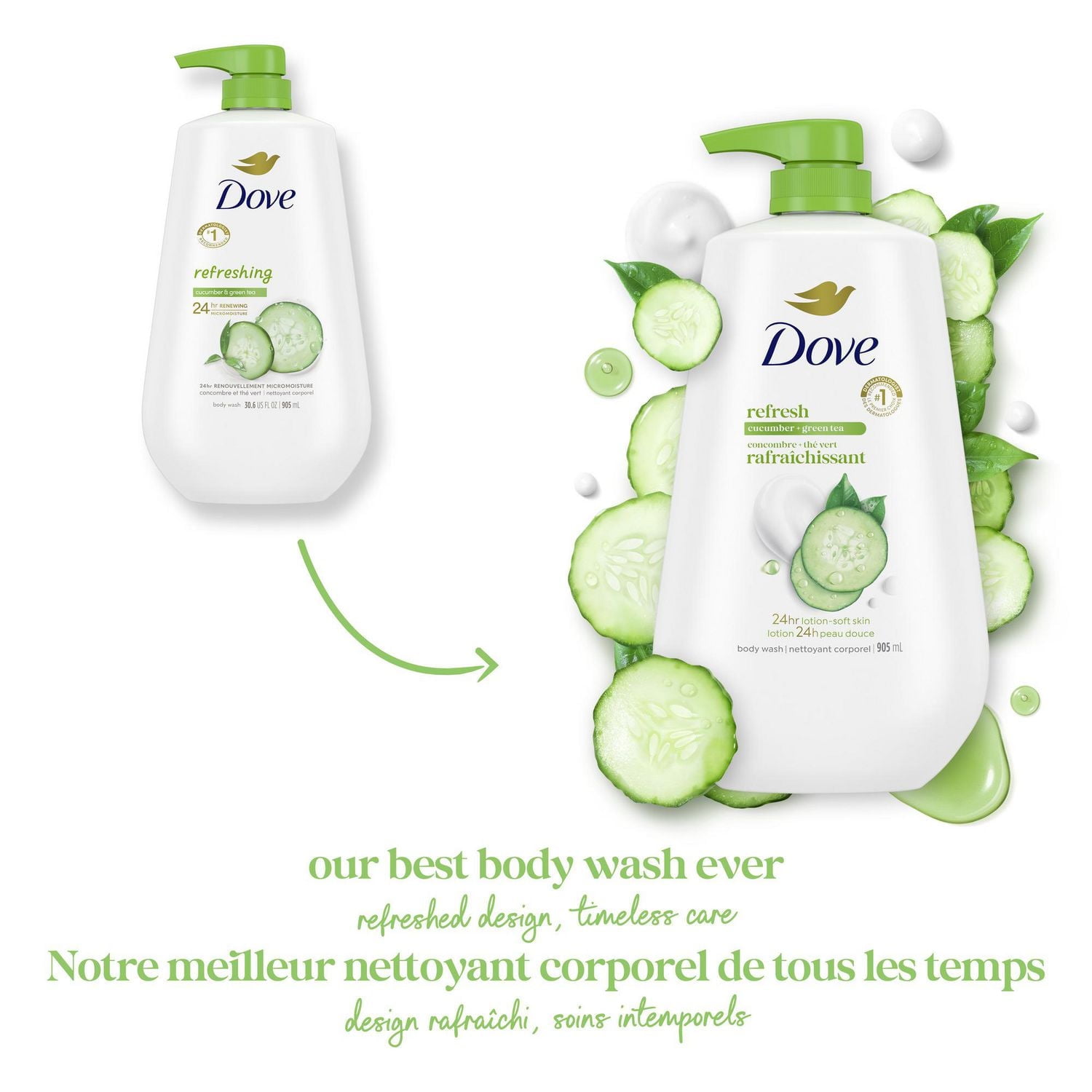 Dove Body Wash with Pump Refresh Cucumber and Green Tea 24hr Moisturizing Skin Cleanser for Lotion-Soft Skin, 905mL