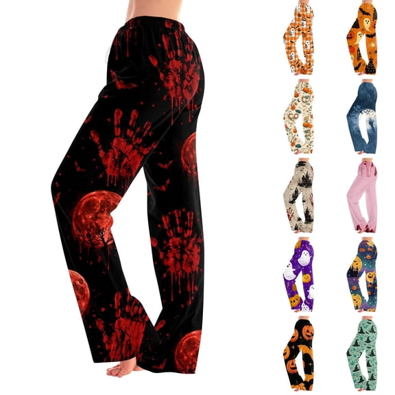 Zydvens Women Halloween Pajama Pants Wide Leg Lounge Wear with Pockets Soft Elastic Waist Drawstring Sleepwear Bottoms Bloody Handprint Red Moon Costume Cosplay S-3XL