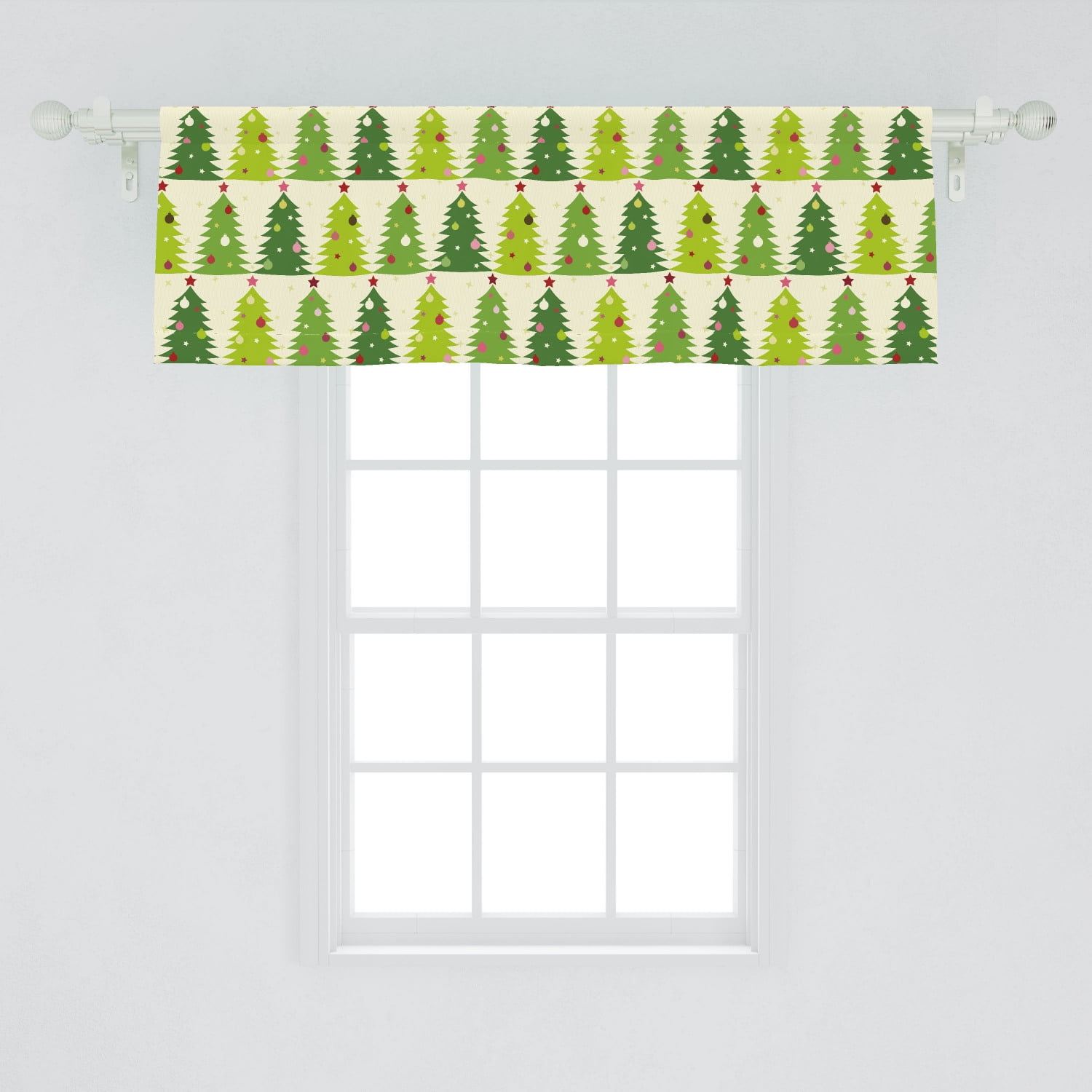 Christmas Tree Window Valance, Christmas Pine Trees with Ornaments and