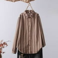 thumbnail image 2 of Ousvtion Women's Striped Button Down Shirts Smocked Cuffed Boyfriend Shirt Lapel Long Sleeve Blouse Top Cotton Blouses with Pocket Saving,Coffee,Large, 2 of 3