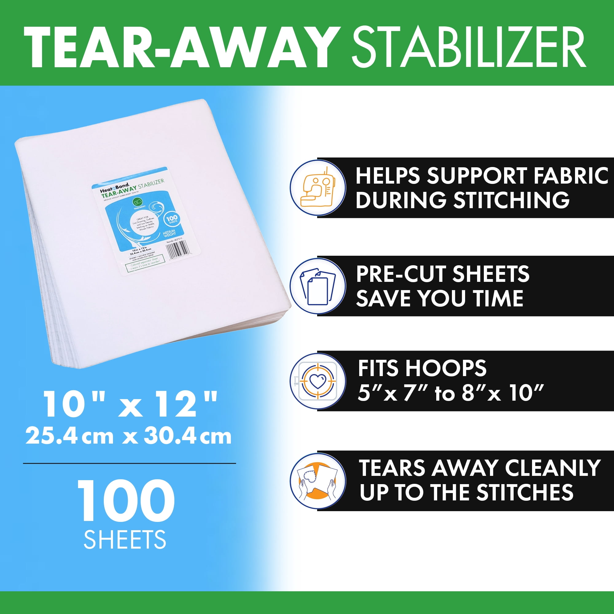 HeatnBond Tear Away Machine Embroidery Stabilizer - 10 inch x 12 inch Sheets Medium Weight 1.8 Ounce - Pack of 100