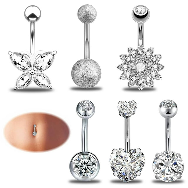 6Pcs Belly Button Ring Set, 10mm Stainless Steel Zirconia Belly Button Bars, Belly Navel Piercing Jewellery Navel Bars Set for Women Belly Piercing(Silvery)