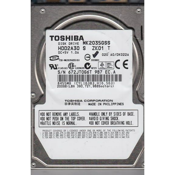 MK2035GSS, A0/DK022A, HDD2A30 S ZK01 T, Toshiba 200GB SATA 2.5 Hard Drive